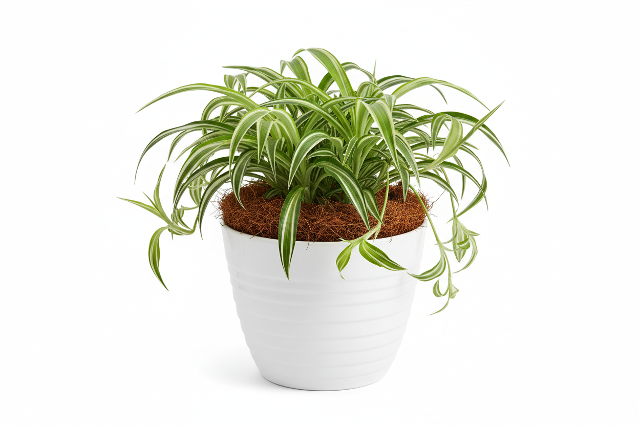 spider plant in premium white pot and coco peat