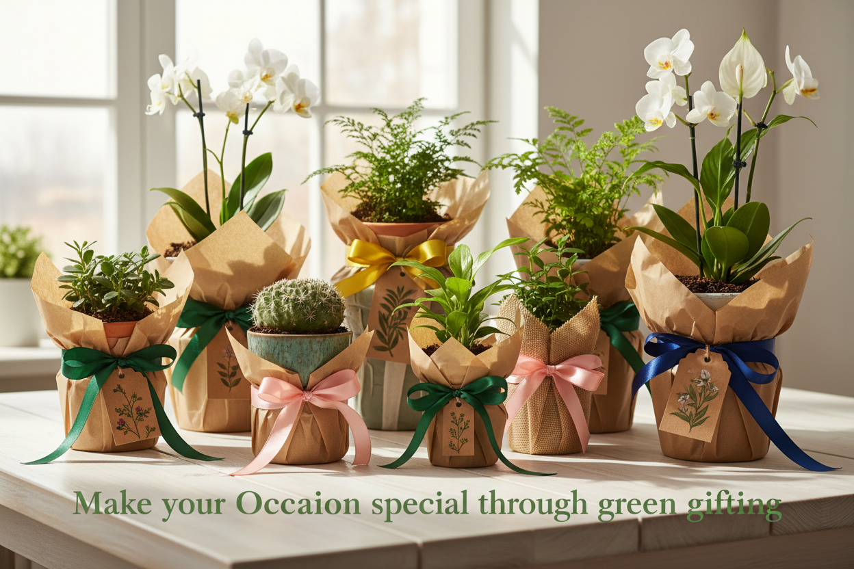 create a image with Plants packed as gifts for ocassion
include text as Make your Occasion special through green gifting