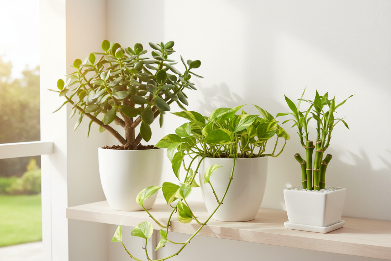 create an image jade plant money plant and short lucky bamboo in white pot