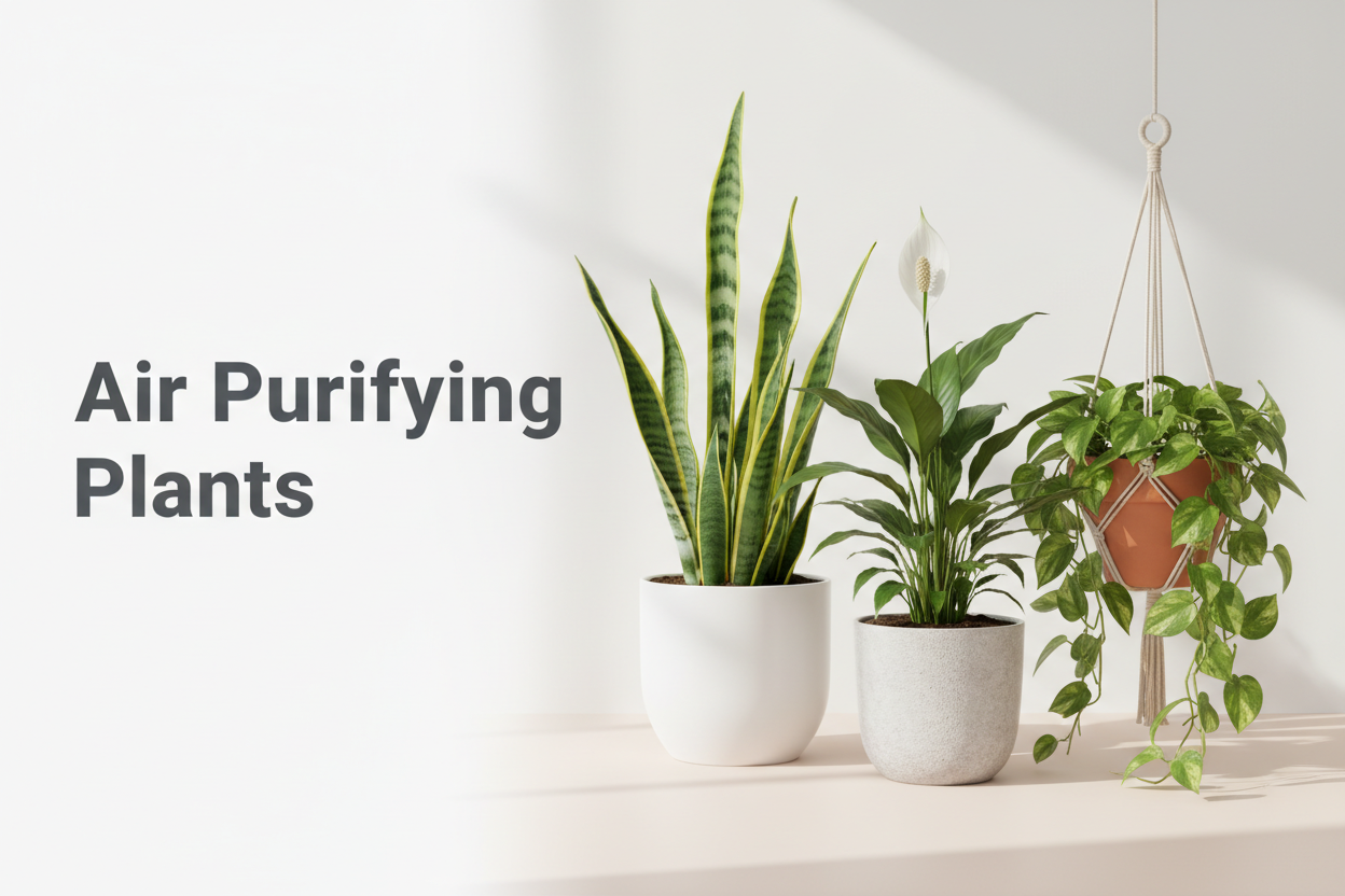 create an image with 2-3 air purifying plants and on left side include Text Air Purifying Plants