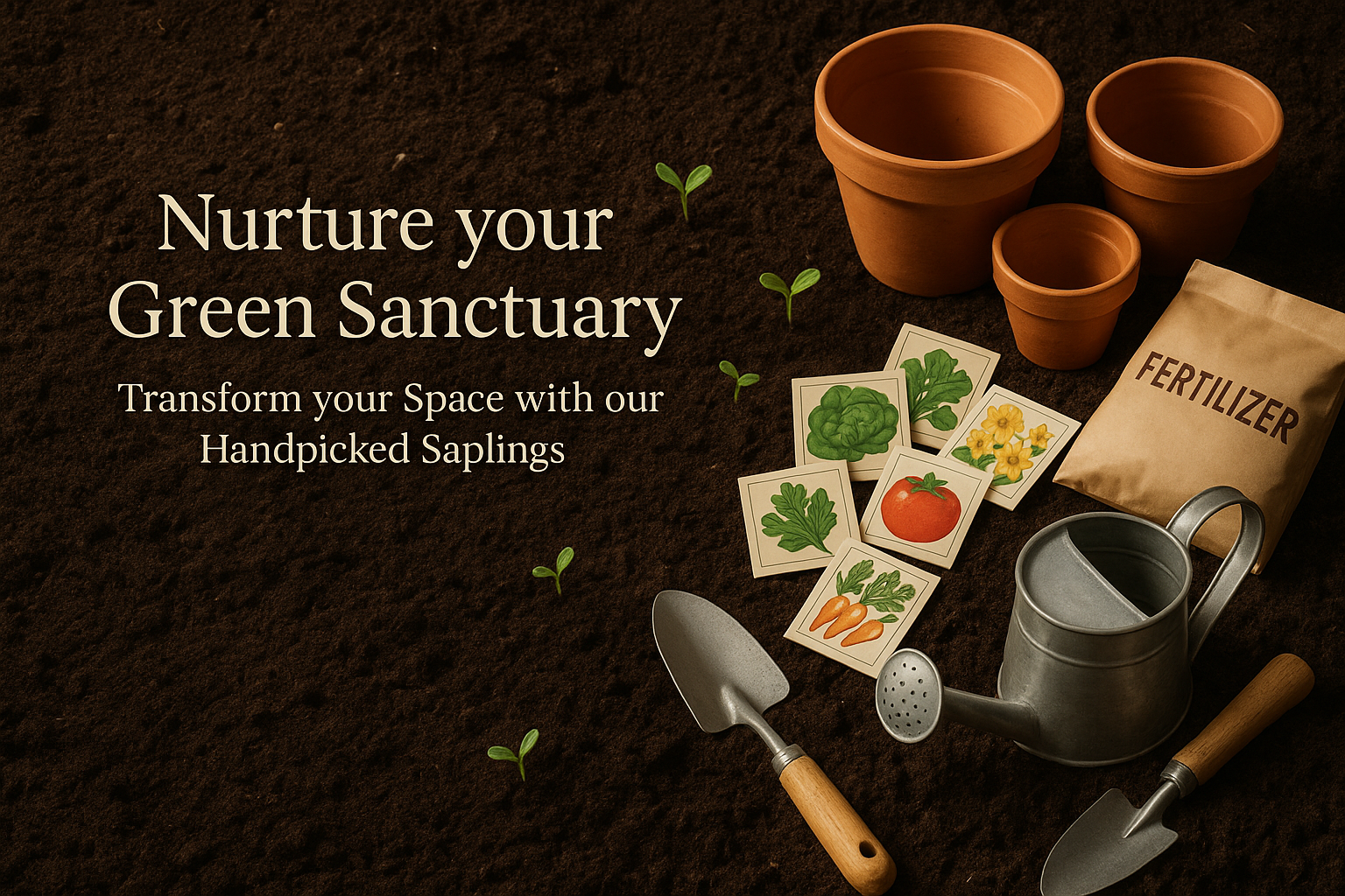 create an image with soil and include pots and garden essentials and seed packets and fertilizers at right corner
Include Nuture your Green Sanctuary in left middle corner in medium size and Transform your Space with our Handpicked Saplings below it in small size  