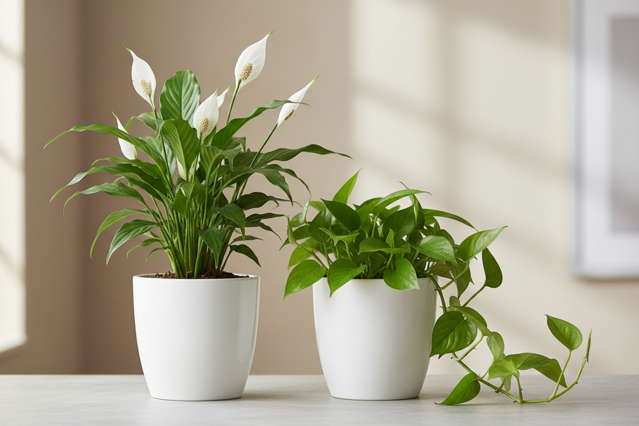 generate an image with peace lily plant and money plant with white pot
