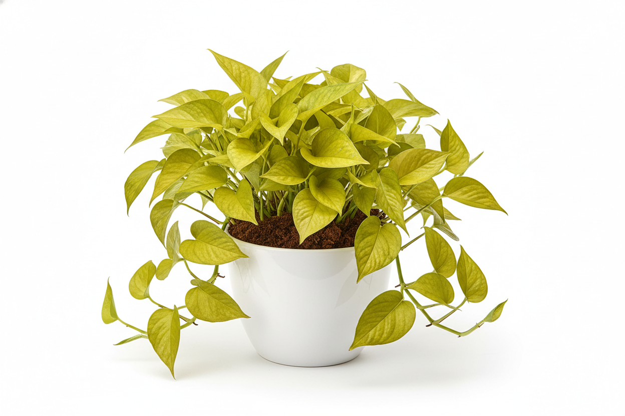 golden money plant with white pot and coco peat