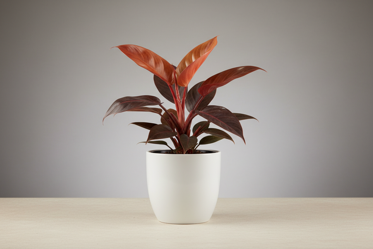 Philodendron red plant with white pot