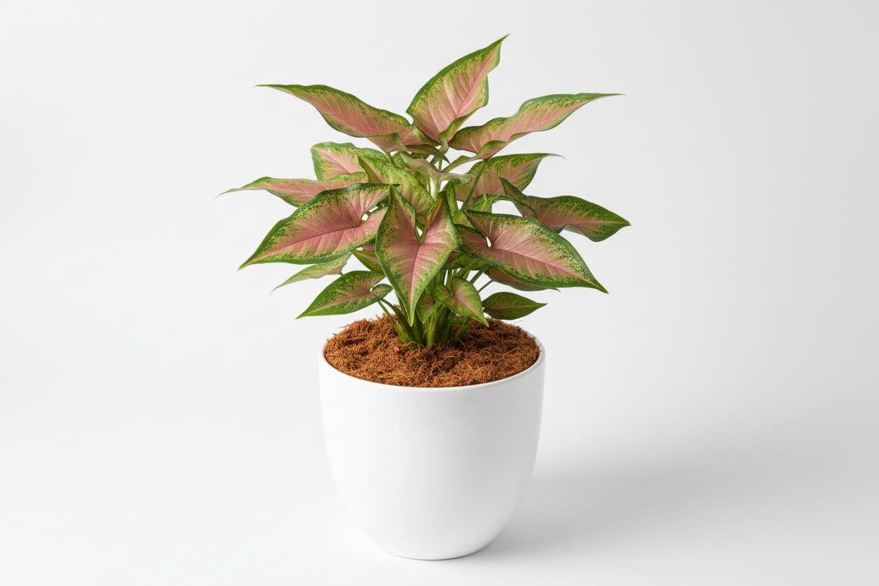 Syngonium Pink plant with white pot and coco peat