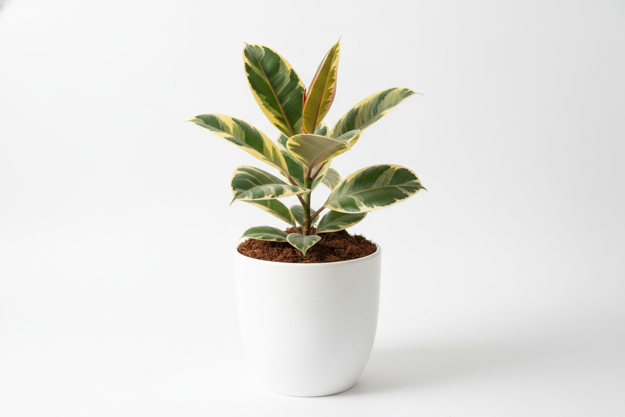variegated rubber with premium white pot and coco peat upto pot level